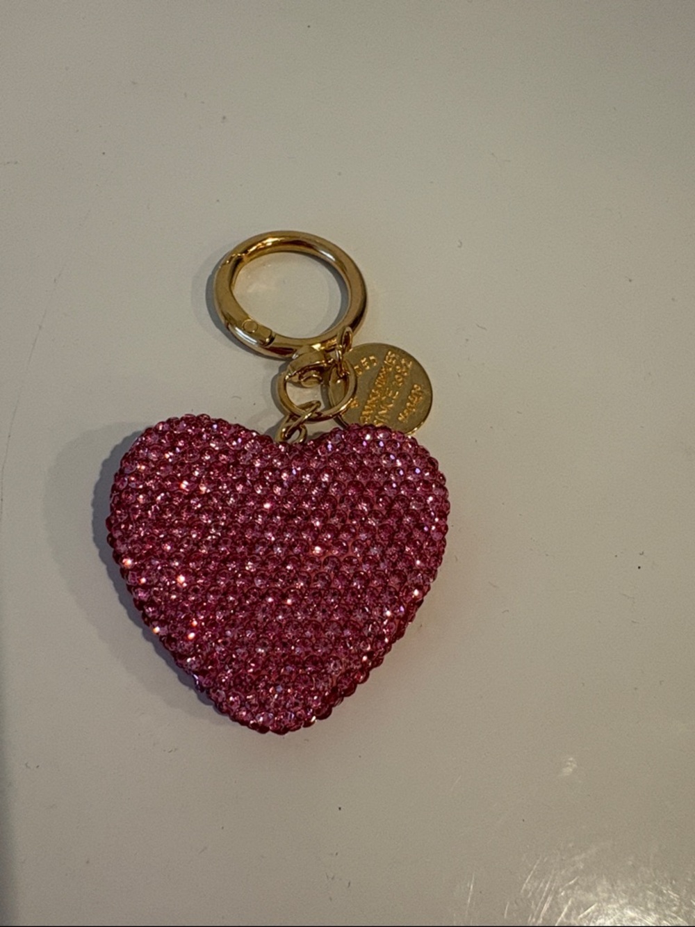Pink Crystal Heart Keyring or Bag Charm with Gold-Tone Ring